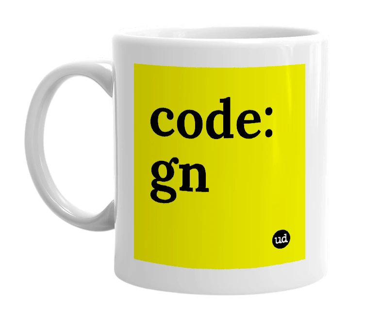 White mug with 'code: gn' in bold black letters