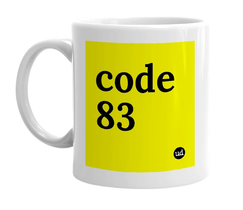 White mug with 'code 83' in bold black letters