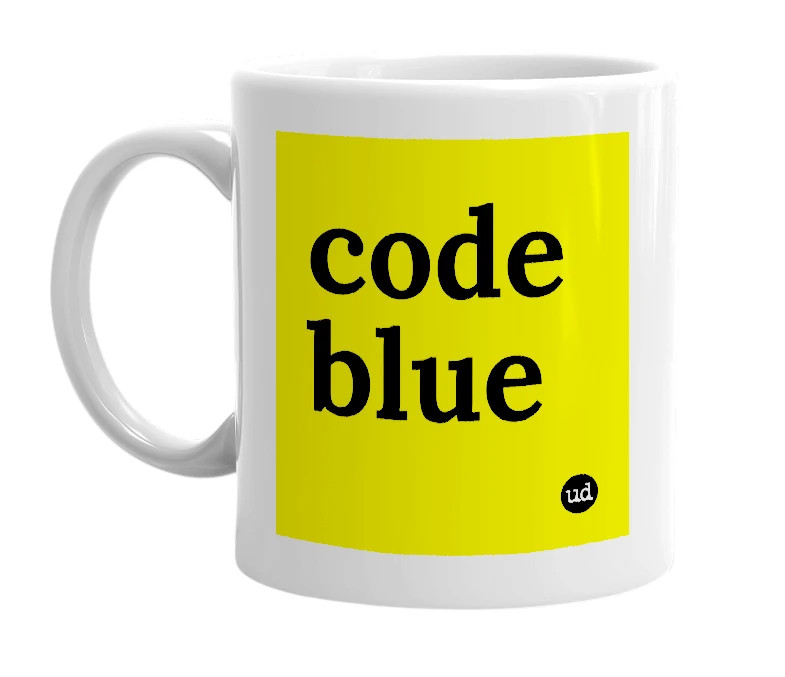 White mug with 'code blue' in bold black letters