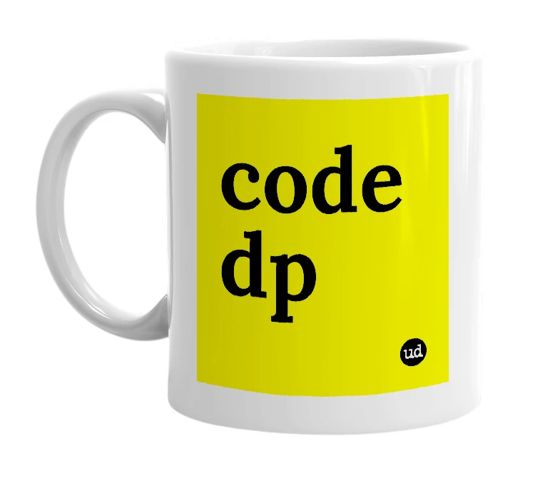 White mug with 'code dp' in bold black letters