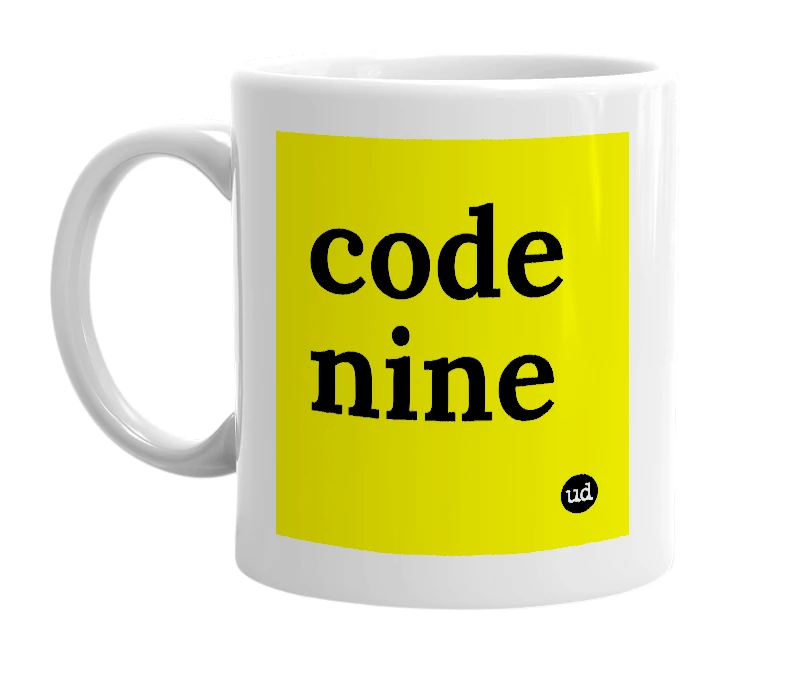 White mug with 'code nine' in bold black letters