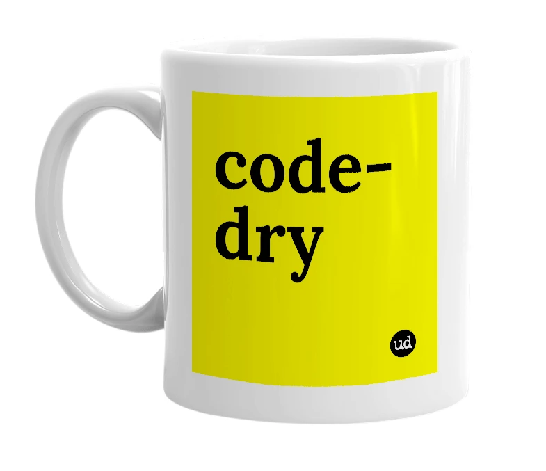 White mug with 'code-dry' in bold black letters