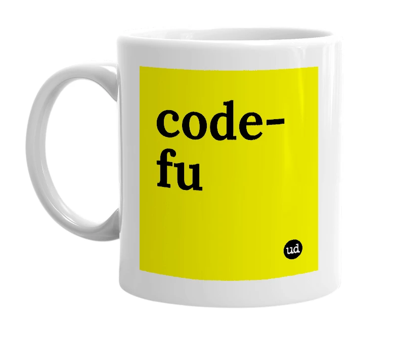 White mug with 'code-fu' in bold black letters