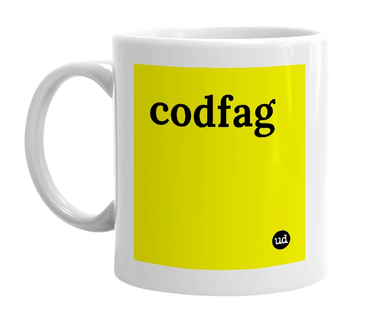 White mug with 'codfag' in bold black letters