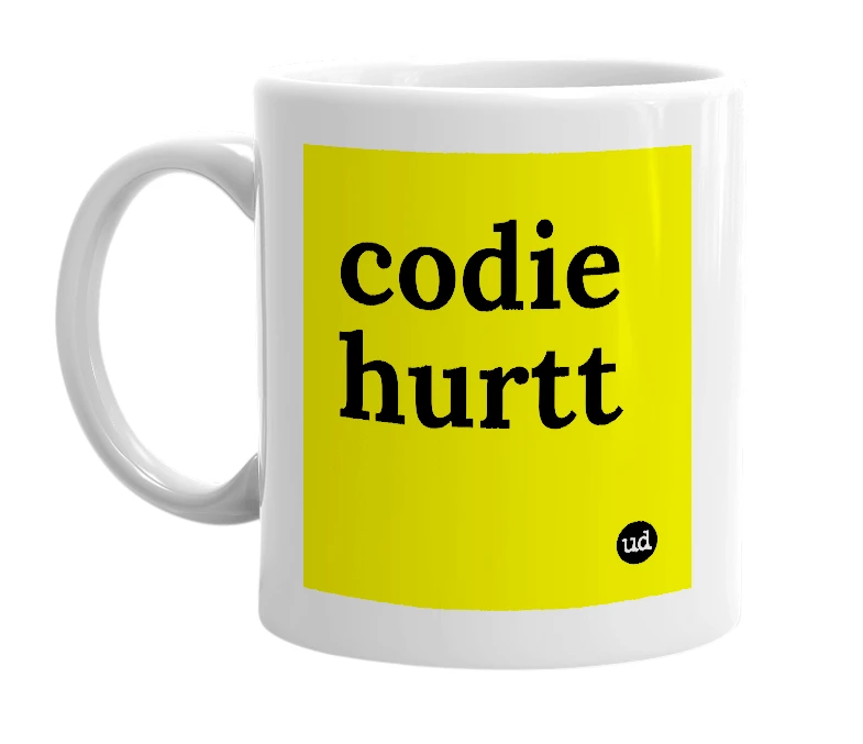 White mug with 'codie hurtt' in bold black letters