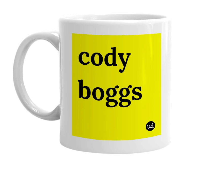 White mug with 'cody boggs' in bold black letters