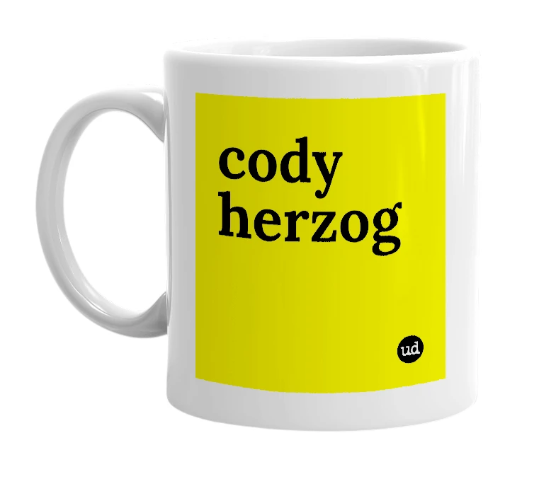 White mug with 'cody herzog' in bold black letters