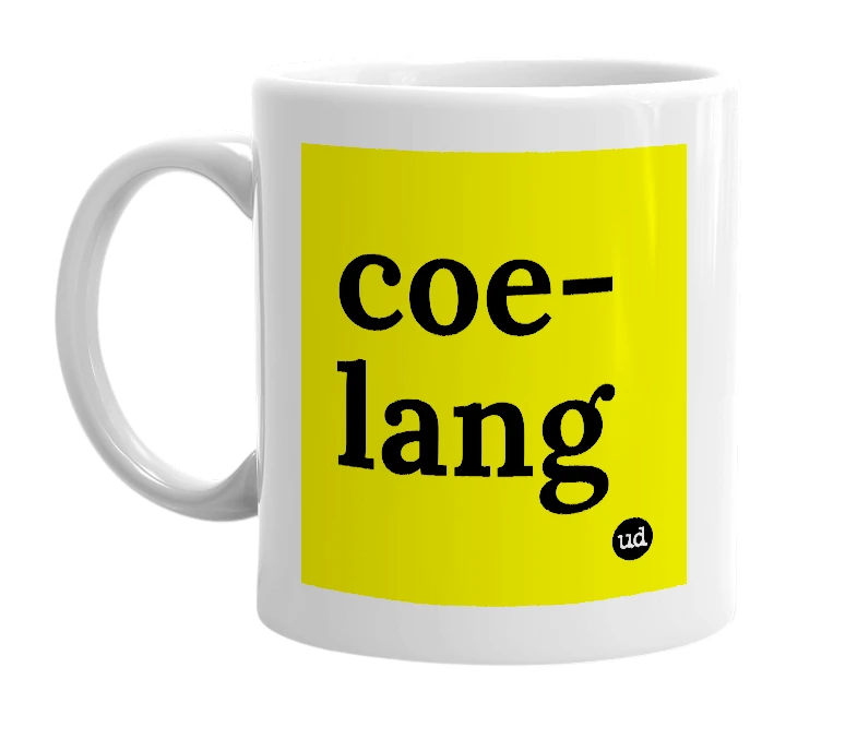 White mug with 'coe-lang' in bold black letters