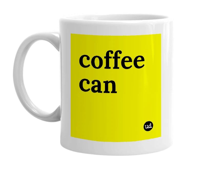 White mug with 'coffee can' in bold black letters