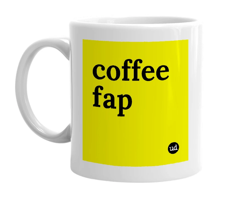 White mug with 'coffee fap' in bold black letters