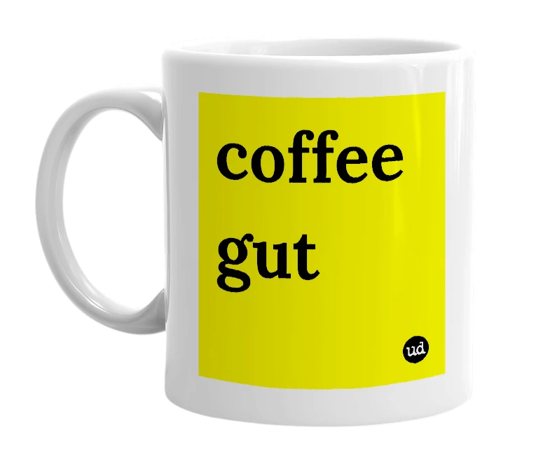 White mug with 'coffee gut' in bold black letters