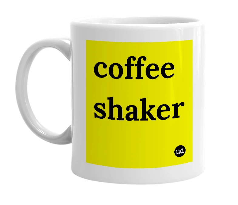 White mug with 'coffee shaker' in bold black letters
