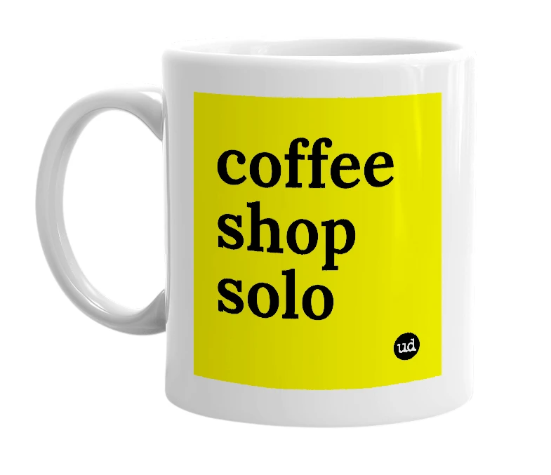 White mug with 'coffee shop solo' in bold black letters