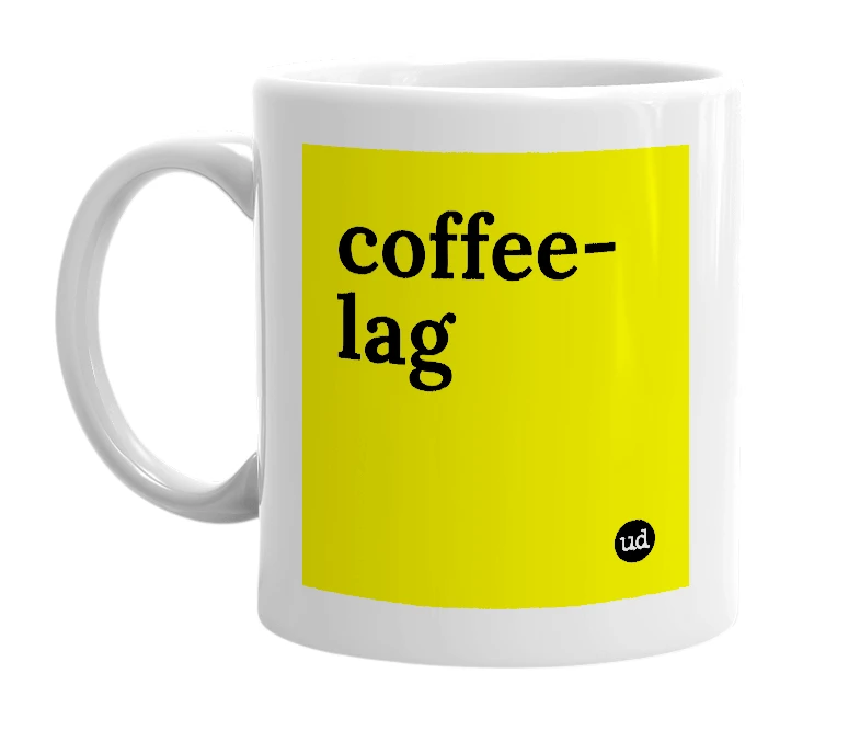 White mug with 'coffee-lag' in bold black letters