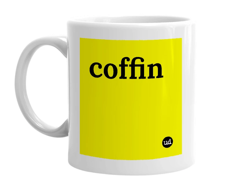 White mug with 'coffin' in bold black letters