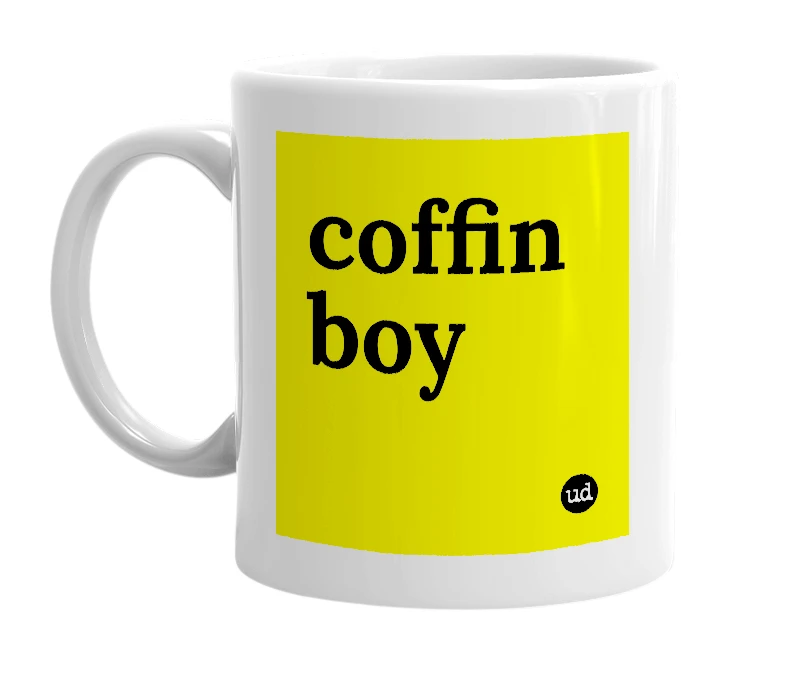 White mug with 'coffin boy' in bold black letters