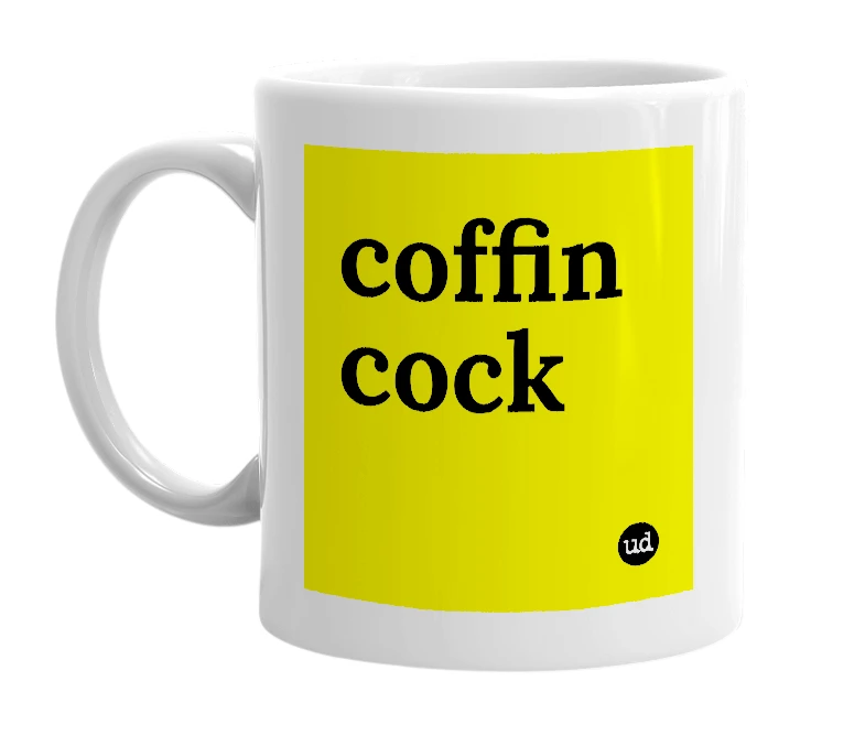 White mug with 'coffin cock' in bold black letters