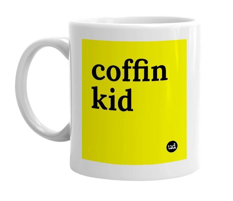 White mug with 'coffin kid' in bold black letters