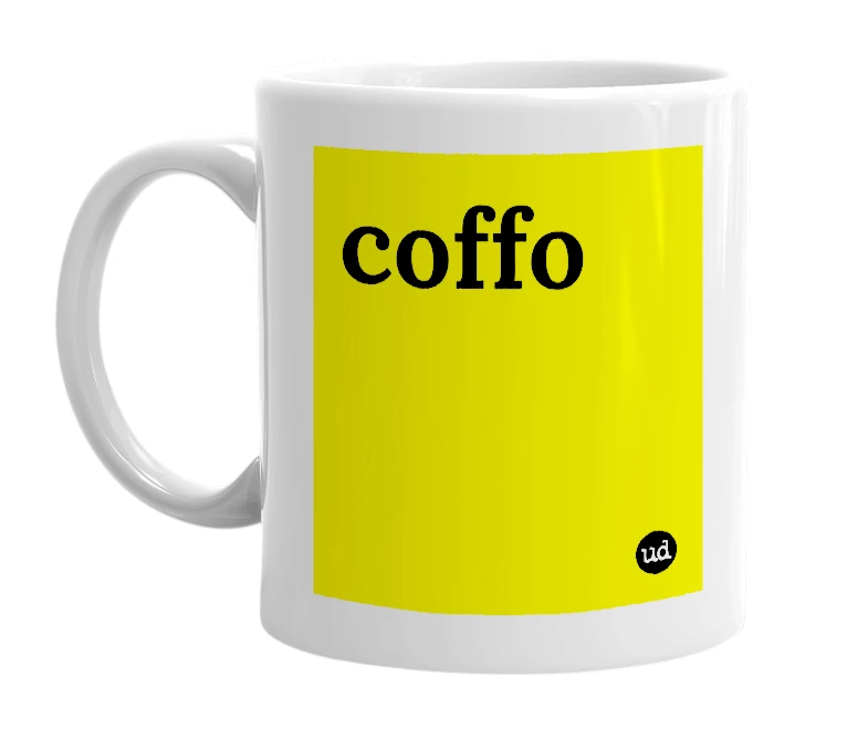 White mug with 'coffo' in bold black letters