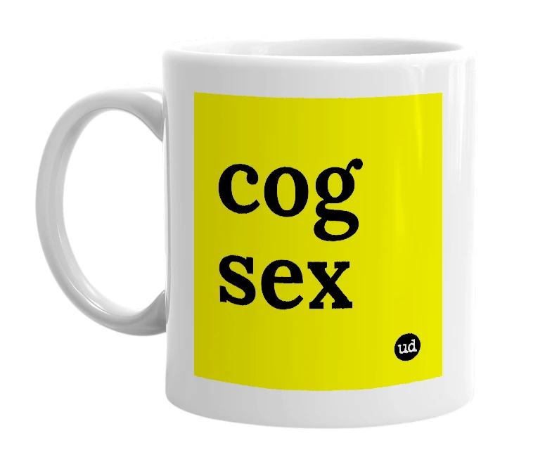 White mug with 'cog sex' in bold black letters