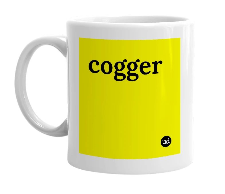 White mug with 'cogger' in bold black letters