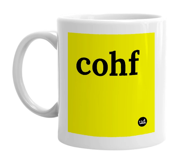White mug with 'cohf' in bold black letters