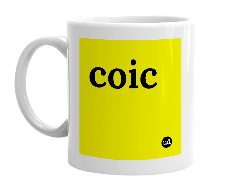 White mug with 'coic' in bold black letters