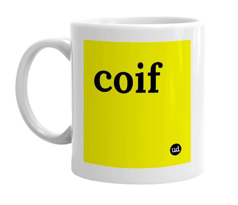 White mug with 'coif' in bold black letters