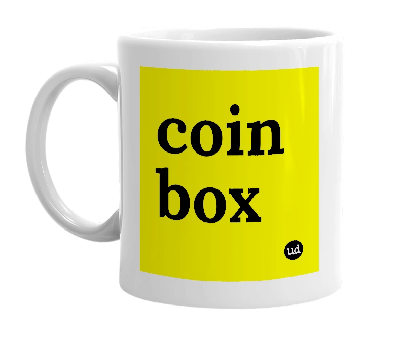 White mug with 'coin box' in bold black letters