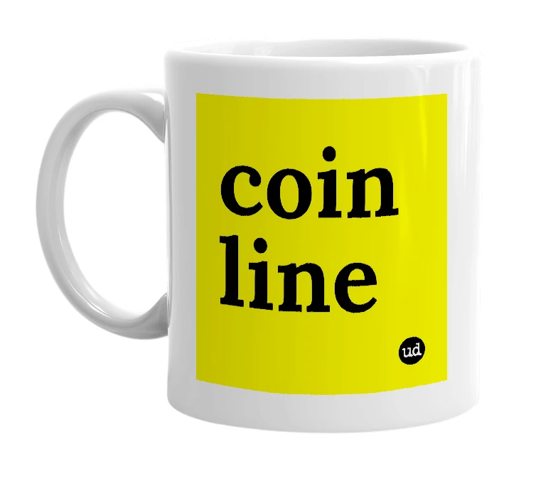 White mug with 'coin line' in bold black letters