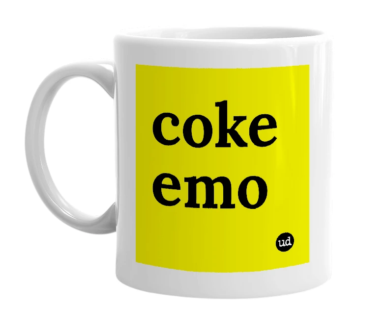 White mug with 'coke emo' in bold black letters