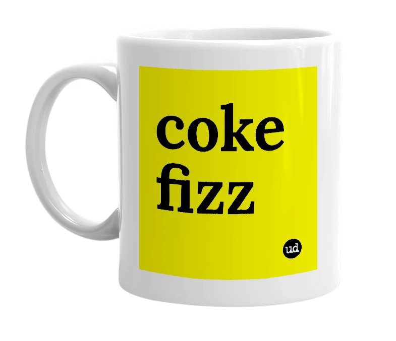 White mug with 'coke fizz' in bold black letters