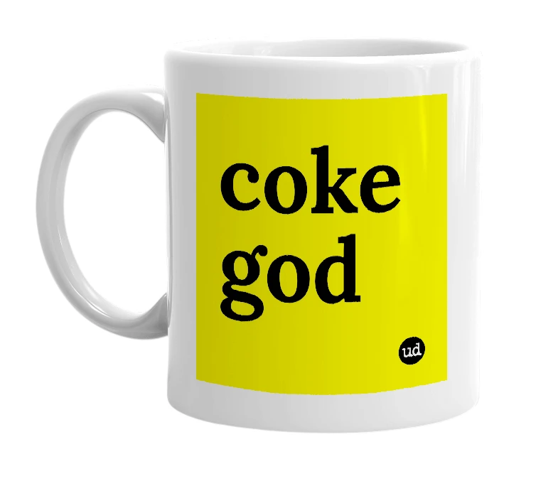 White mug with 'coke god' in bold black letters