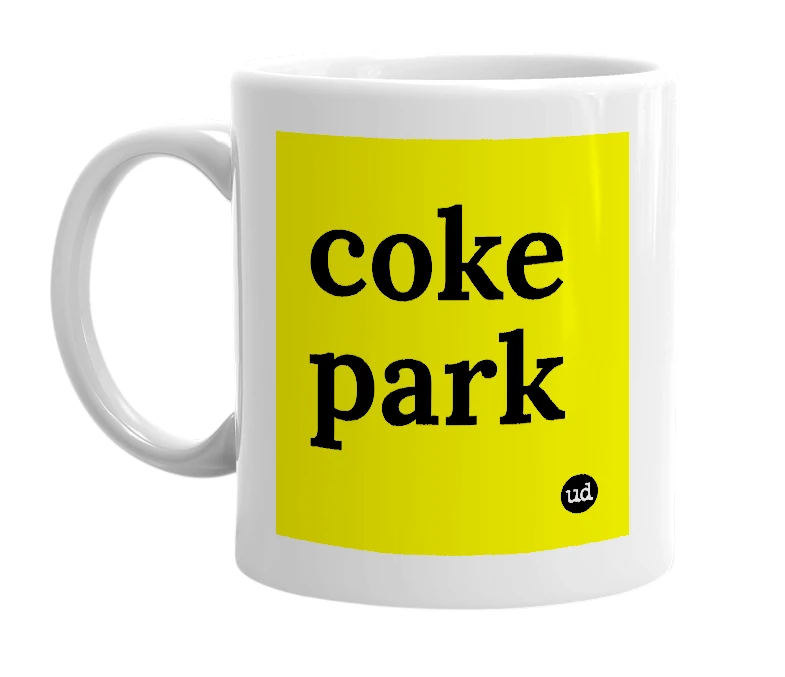 White mug with 'coke park' in bold black letters