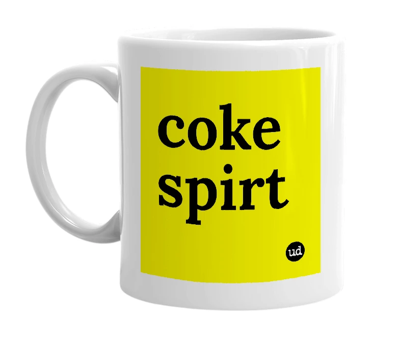 White mug with 'coke spirt' in bold black letters