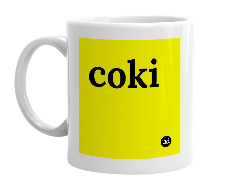 White mug with 'coki' in bold black letters