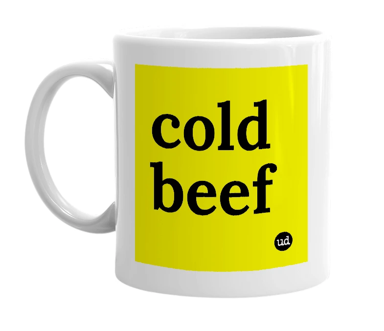 White mug with 'cold beef' in bold black letters