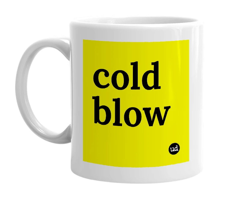 White mug with 'cold blow' in bold black letters