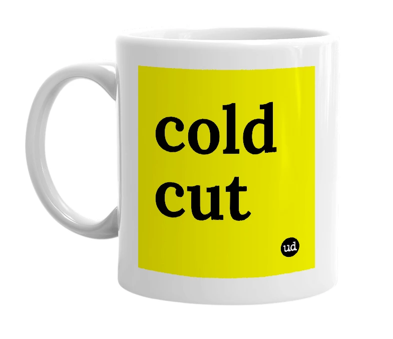 White mug with 'cold cut' in bold black letters