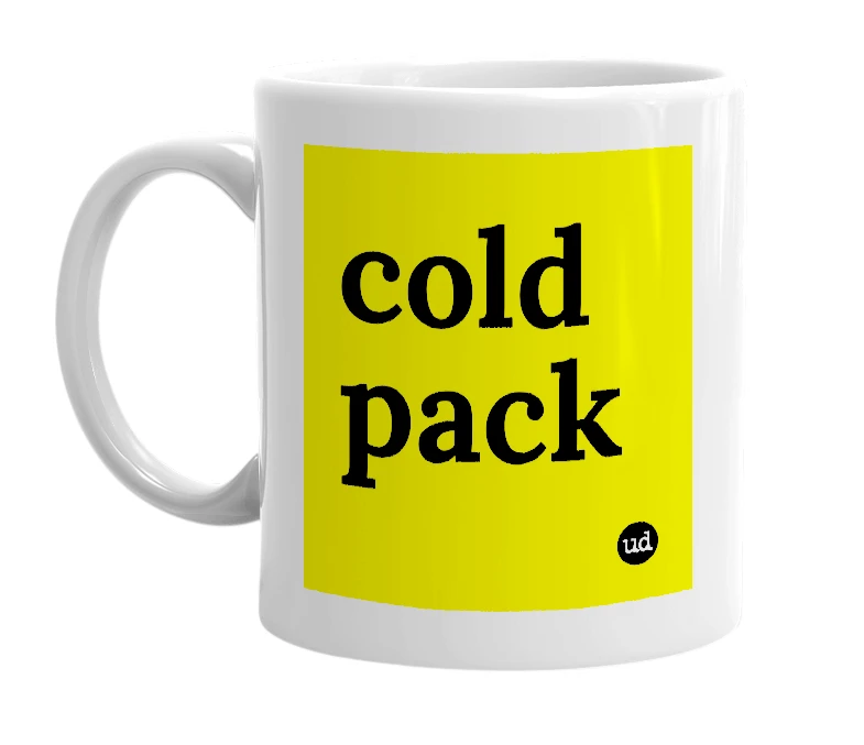 White mug with 'cold pack' in bold black letters