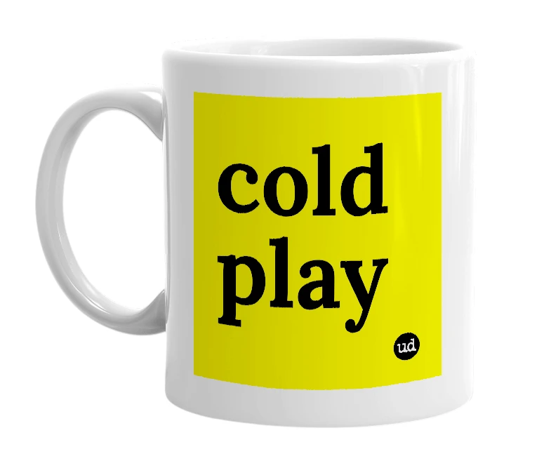 White mug with 'cold play' in bold black letters