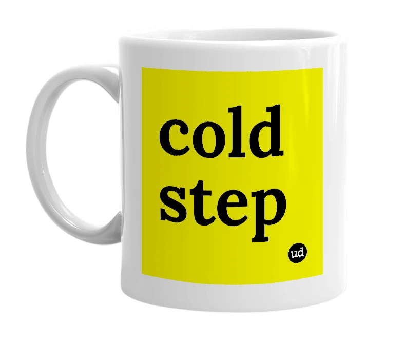 White mug with 'cold step' in bold black letters