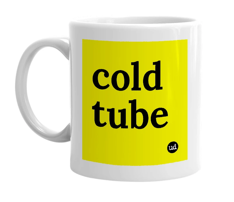 White mug with 'cold tube' in bold black letters