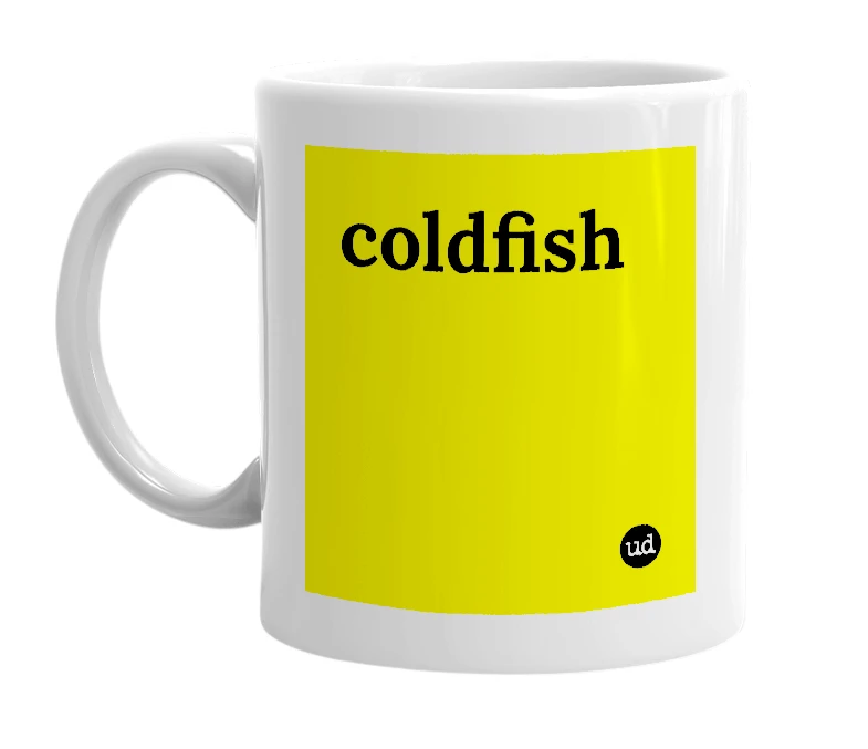 White mug with 'coldfish' in bold black letters