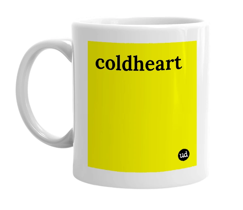 White mug with 'coldheart' in bold black letters