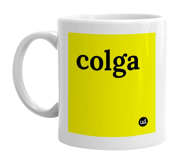 White mug with 'colga' in bold black letters