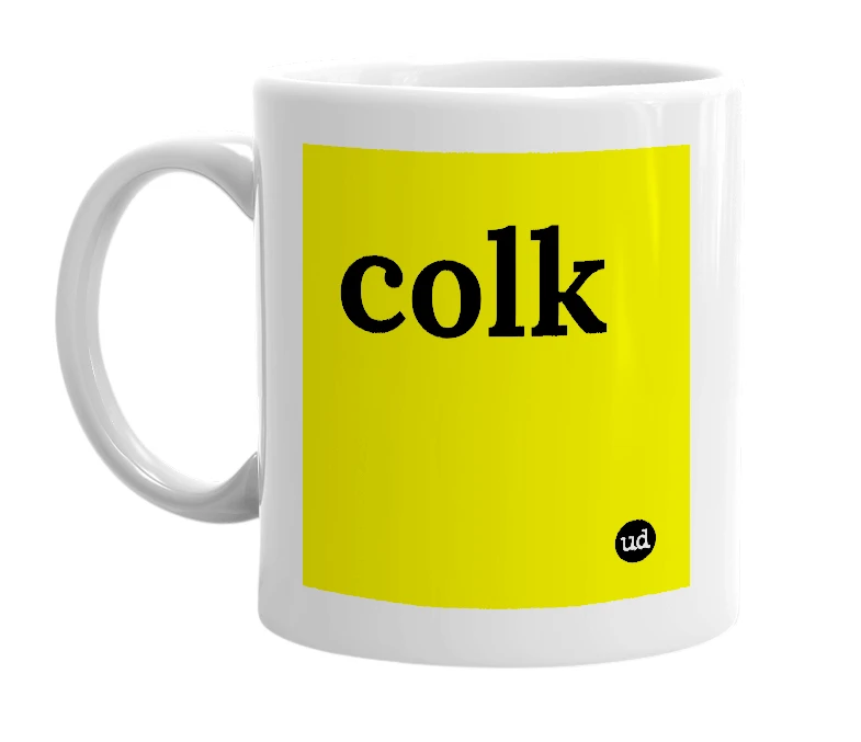 White mug with 'colk' in bold black letters