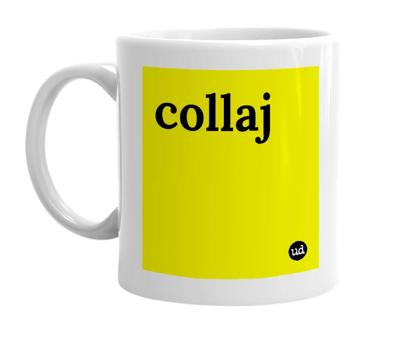 White mug with 'collaj' in bold black letters