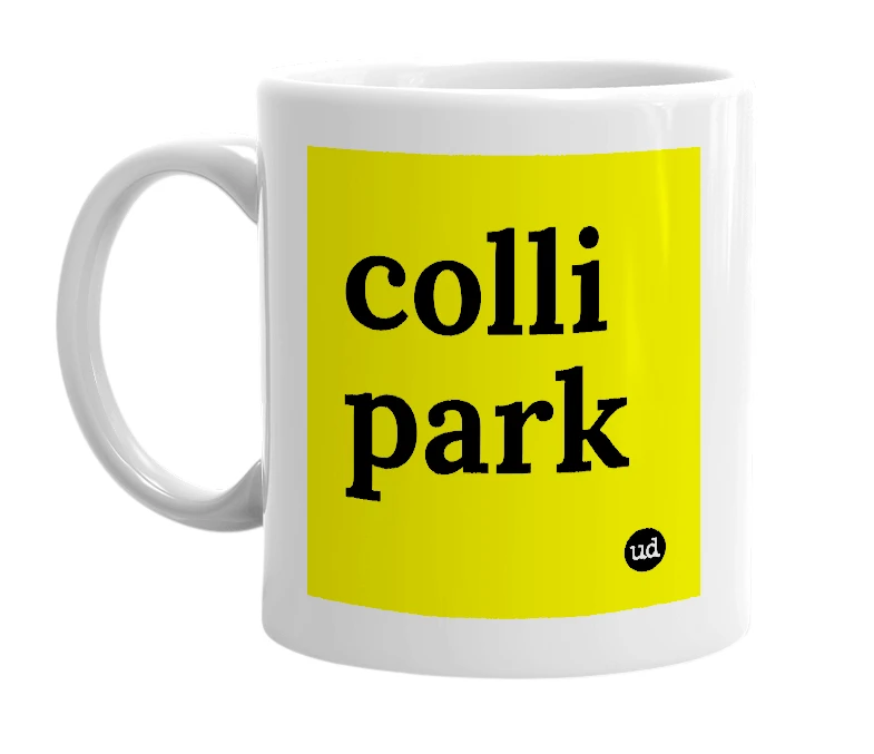 White mug with 'colli park' in bold black letters