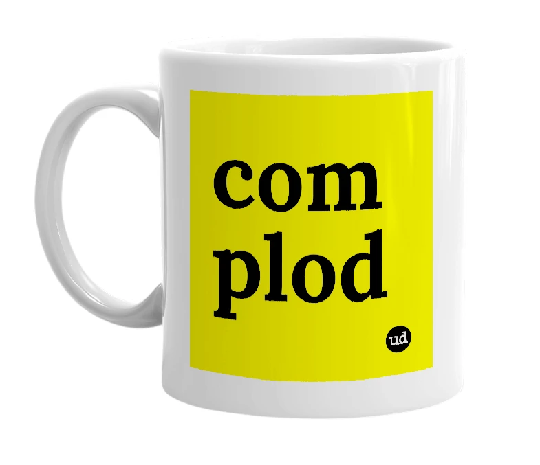 White mug with 'com plod' in bold black letters